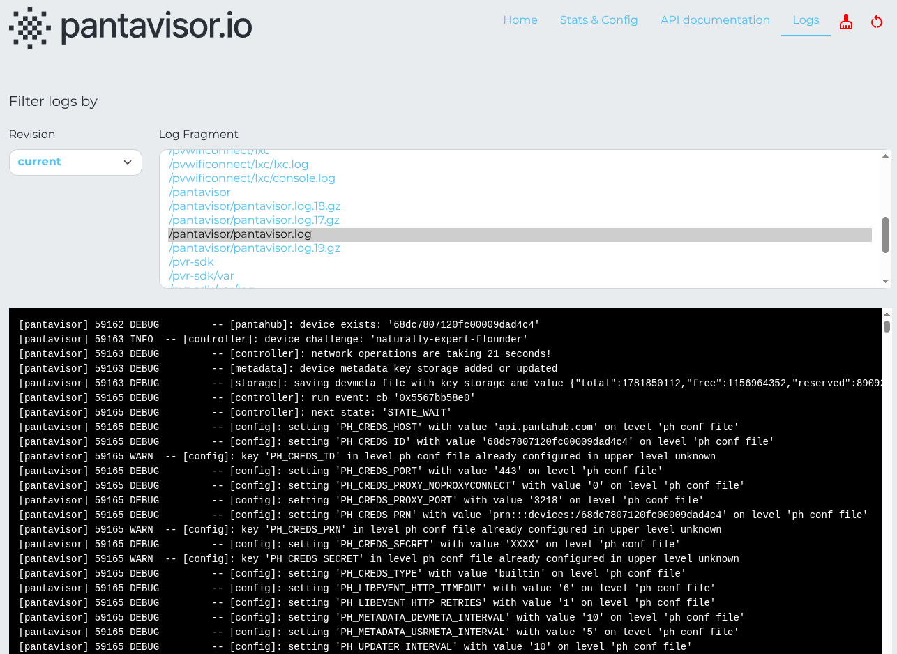 Logs Page of Pantavisor UI