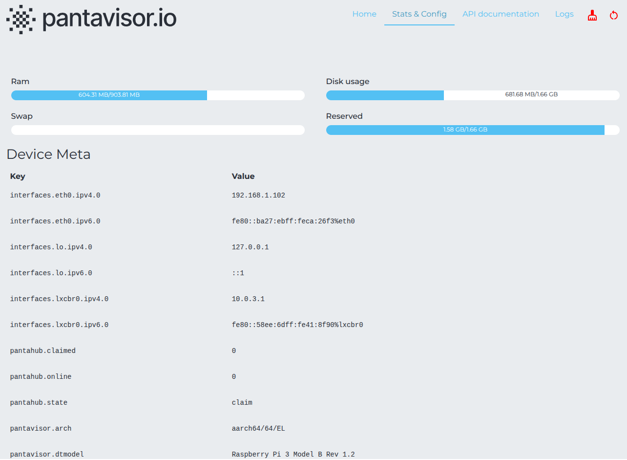 Stats Page of Pantavisor UI